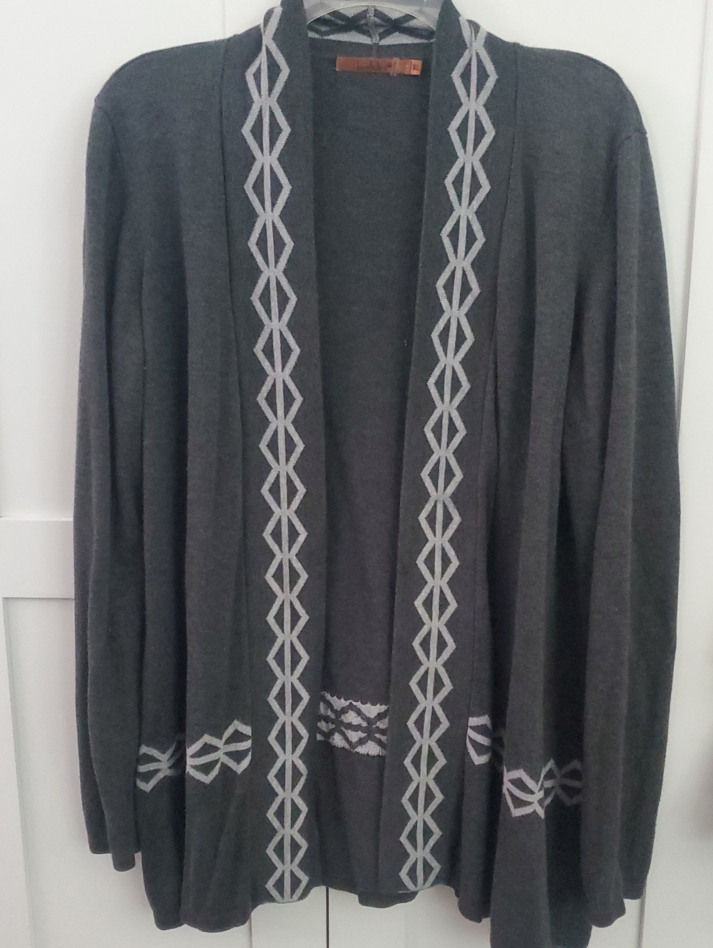 Belldini Charcoal Gray Open Front Cardigan with Light Gray Trim 60 %COTTON